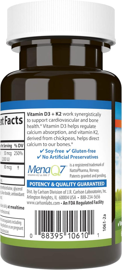 Carlson Vitamin D3 + K2, 2000 IU (50 mcg) D3 & 90 mcg K2 as MK-7, 60 Capsules