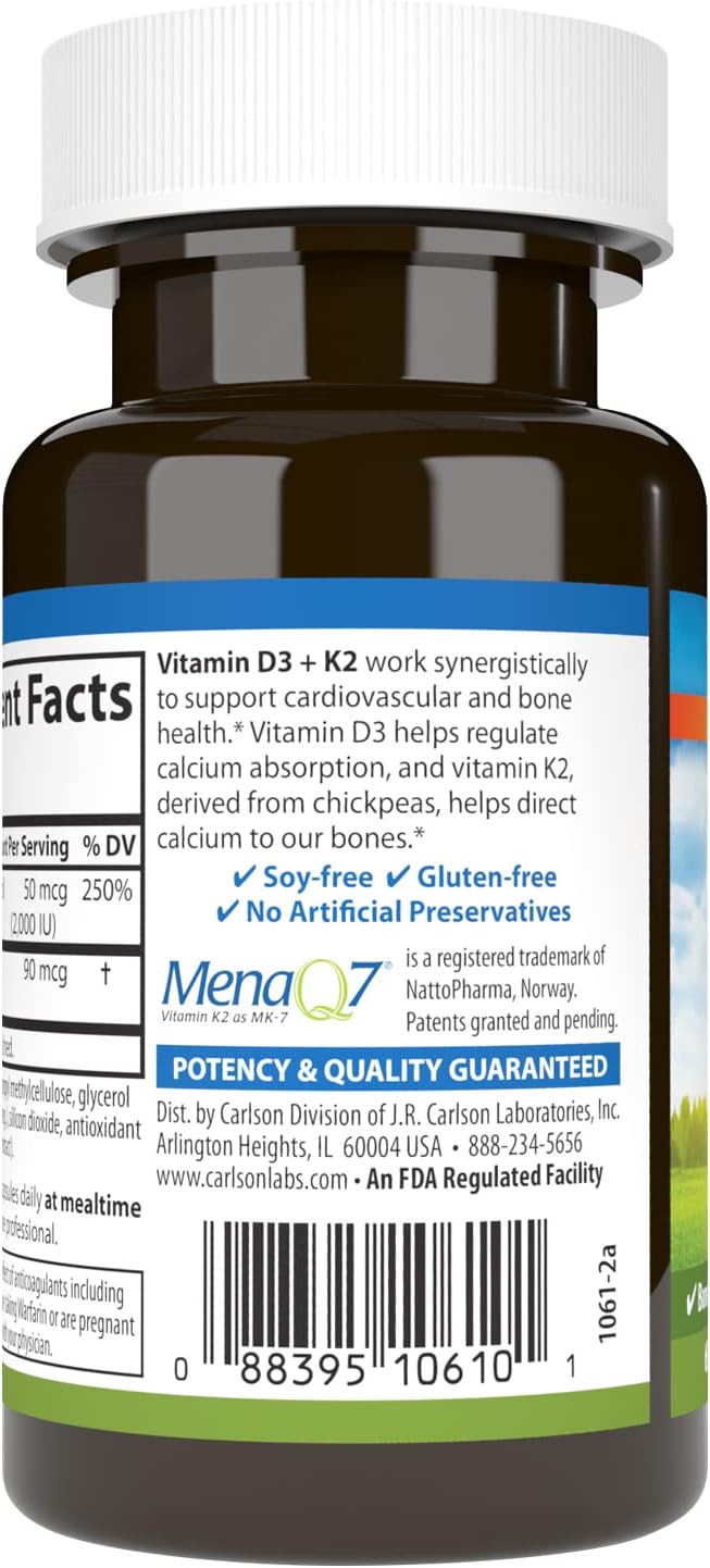 Carlson - Vitamin D3 + K2, 50 mcg (2000 IU) Vitamin D3 & 90 mcg Vitamin K2 as MK7, Bone Support, Calcium Absorption, 60 Capsules - görsel 3