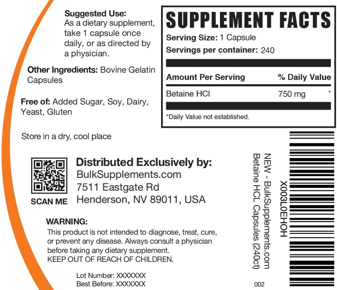 BulkSupplements.com Betaine HCl Capsules - Betaine Hydrochloride Supplement for Digestive Support, 750mg, 240 Capsules - görsel 2