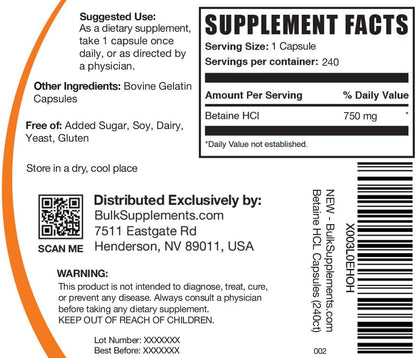 BulkSupplements.com Betaine HCl Capsules - Betaine Hydrochloride Supplement for Digestive Support, 750mg, 240 Capsules