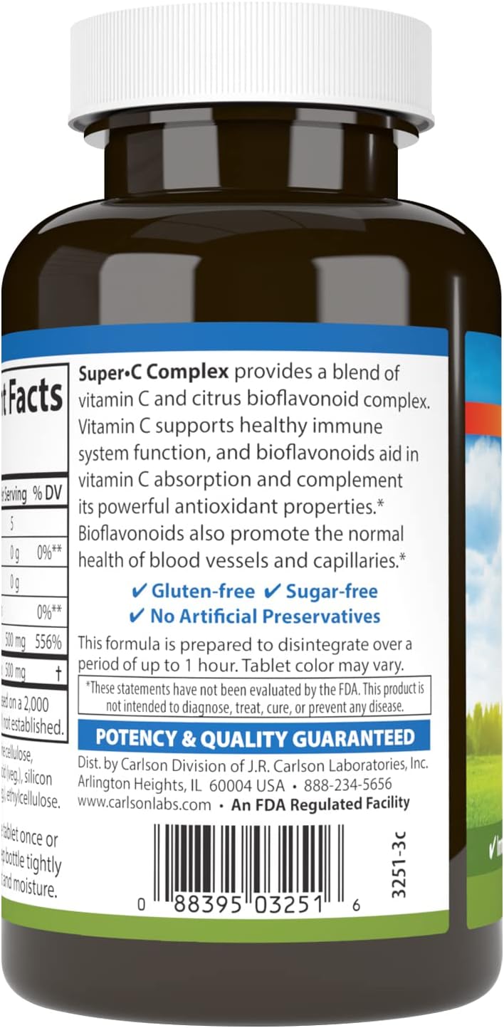 Carlson - Super-C Complex, Vitamin C + Bioflavonoids, Immune Function & Antioxidant Support, 100 Vegetarian Tablets - görsel 3