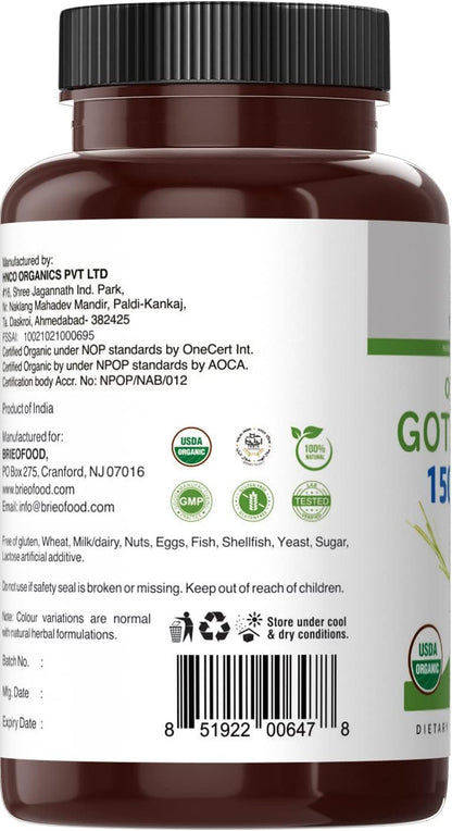 Brieofood Organic Gotu Kola 1500mg, 45 Servings, Vegetarian, Gluten-free, 90 Vegetarian Tablets