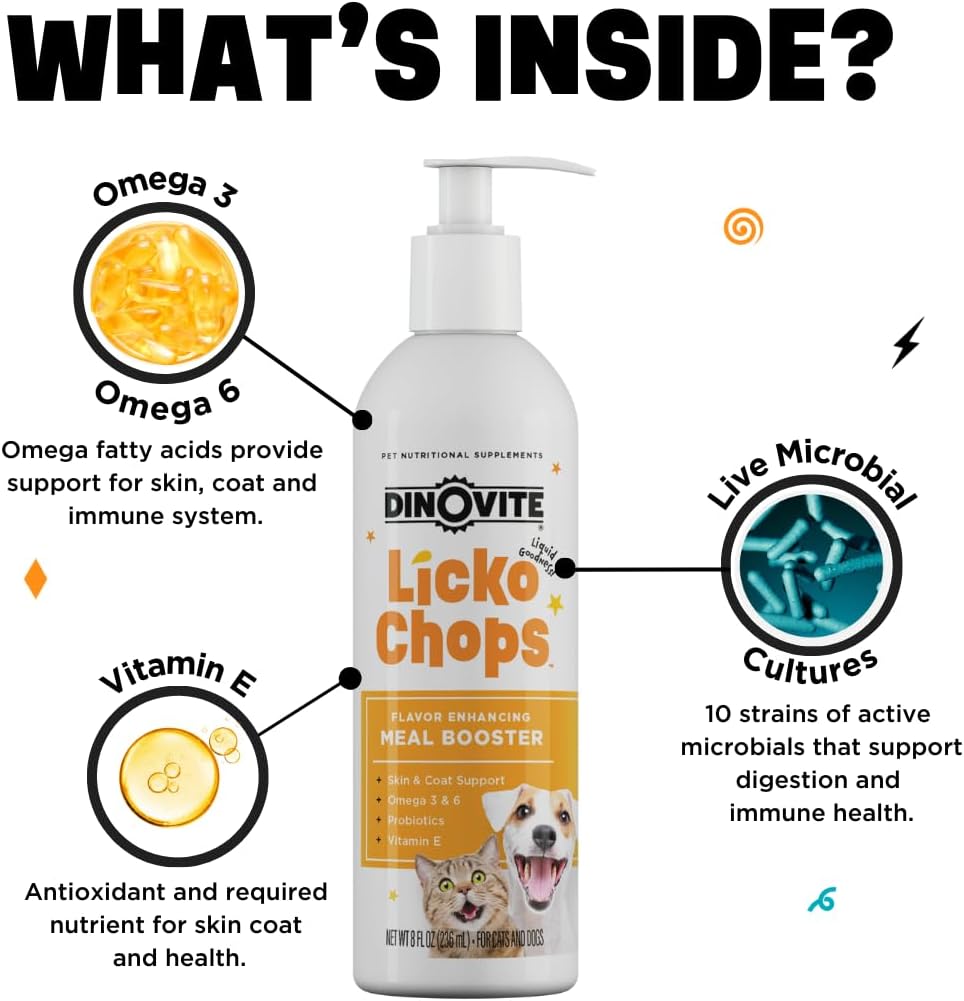 Dinovite Lickochops for Dogs & Cats - Omega-6, Omega-3, Probiotics & Vitamin E Supplement, 473 ml with Pump - görsel 3