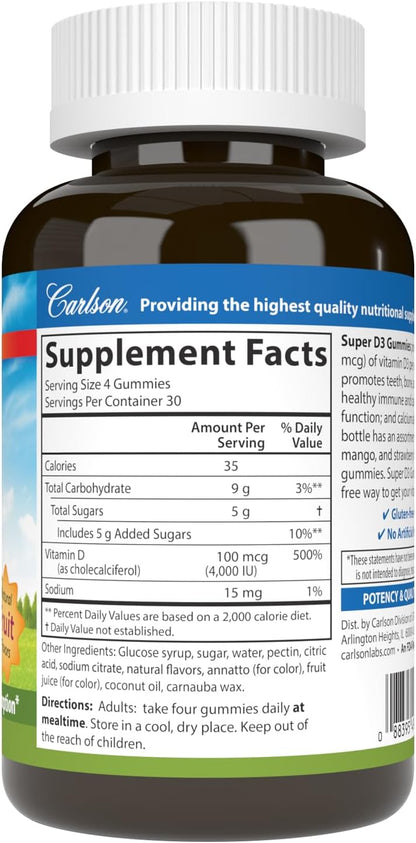 Carlson Super D3 Gummies 4000 IU (100 mcg) - Natural Fruit Flavours, 120 Vegetarian Gummies