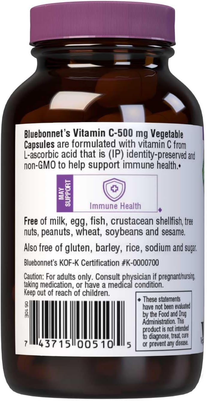 Bluebonnet Nutrition Vitamin C 500 mg – Ascorbic Acid – Immune & Skin Health – 90 Vegetable Capsules - görsel 3