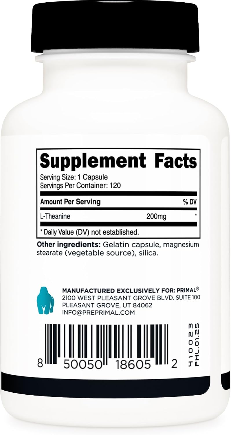 Primal L-Theanine Capsules - 200mg, 120 Capsules - Non-GMO, Gluten-free, Natural Amino Acid for Calm Focus - görsel 4
