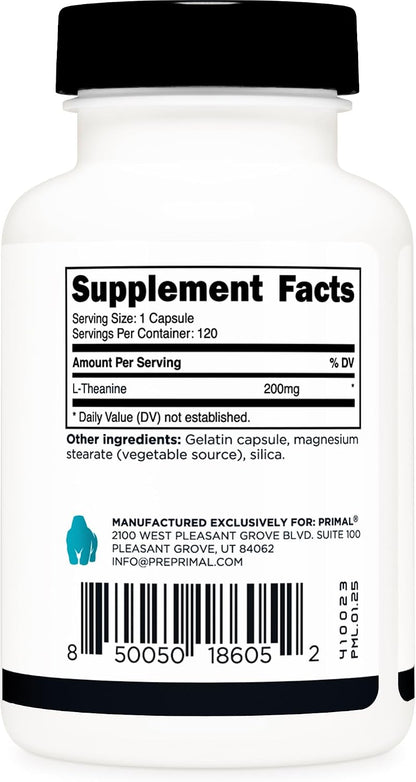 Primal L-Theanine Capsules - 200mg, 120 Capsules - Non-GMO, Gluten-free, Natural Amino Acid for Calm Focus