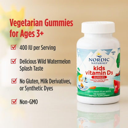 Nordic Naturals Vitamin D3 Gummies Kids, Wild Watermelon Splash - 400 IU, 60 Gummies