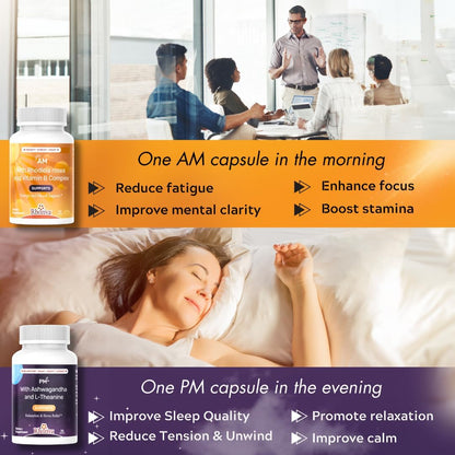 Rhoziva AM PM Multivitamin – Cortisol Support with L-Theanine, Ashwagandha, Rhodiola Rosea – Day and Night Nootropic Supplement