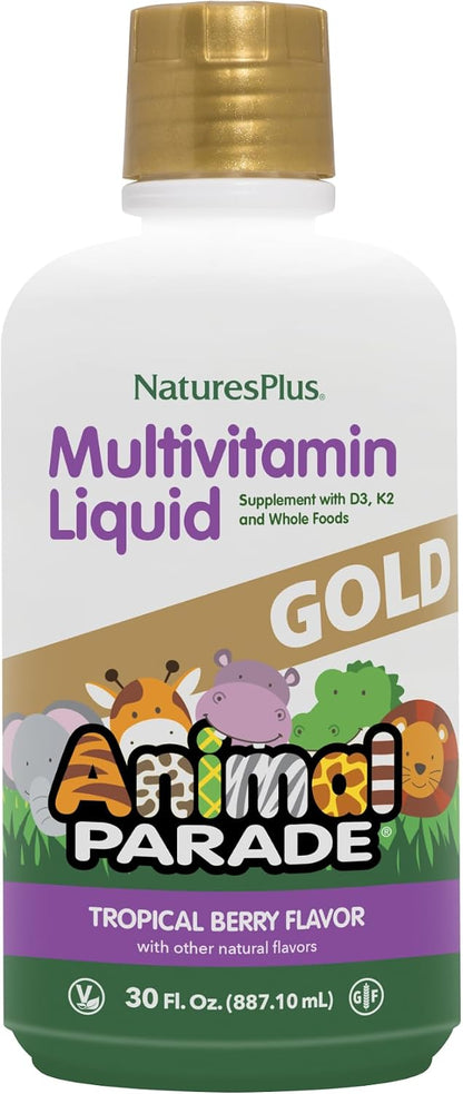 NaturesPlus Animal Parade Gold Children's Liquid Multivitamin – Natural Tropical Berry Flavour – 473 ml