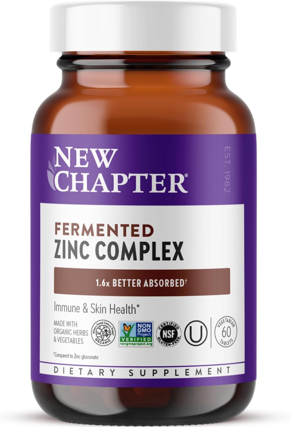 New Chapter Fermented Zinc Complex Food Supplement - One Daily for Immune Support and Skin Health with Copper - 60 Tablets - görsel 1