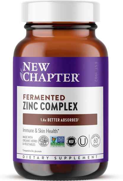 New Chapter Fermented Zinc Complex Food Supplement - One Daily for Immune Support and Skin Health with Copper - 60 Tablets