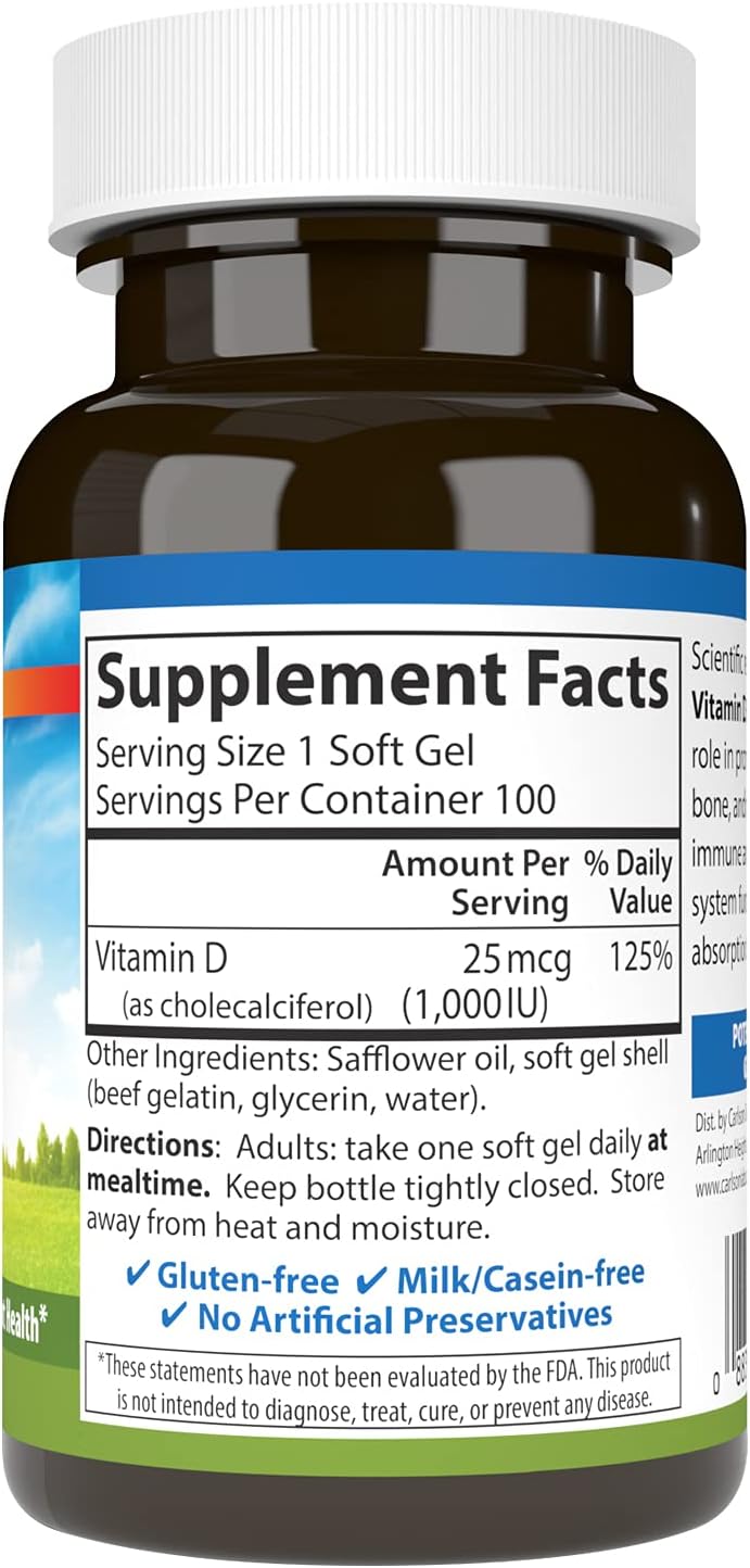 Carlson Vitamin D3 1000 IU (25 mcg) Softgels - 100 Count - görsel 2