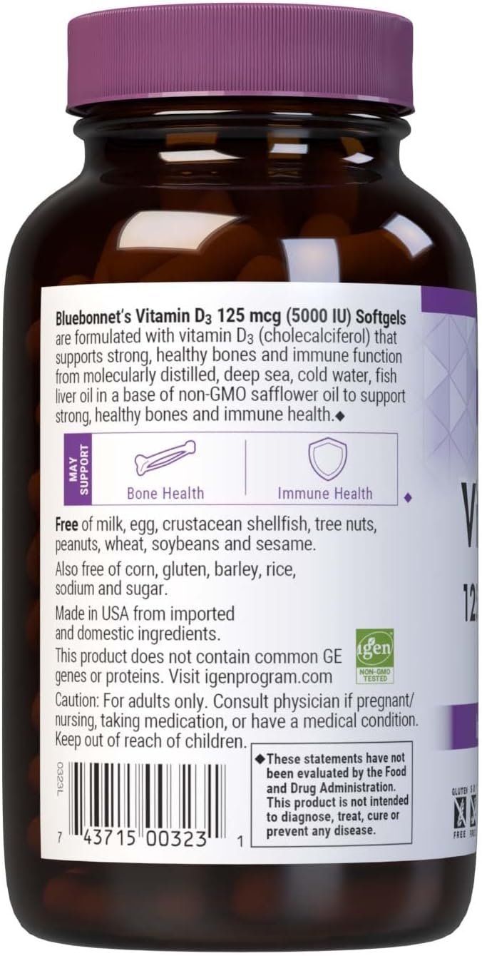 Bluebonnet Nutrition Vitamin D3 5000 IU Softgels – Non-GMO, Gluten-Free, Soya-Free, 250 Softgels - görsel 3