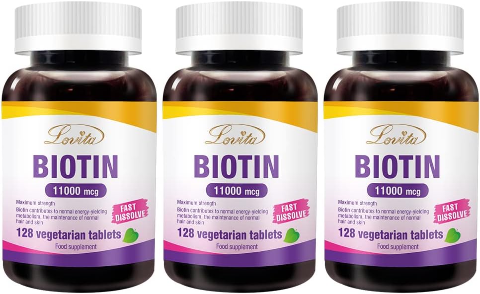 LOVITA Maximum Strength 11,000mcg Biotin: Fast-Dissolving, Vegetarian Tablets - Easily Absorbed, Gluten & Dairy-Free, 128 Vegan-Friendly Tablets (Pack of 3) - görsel 1
