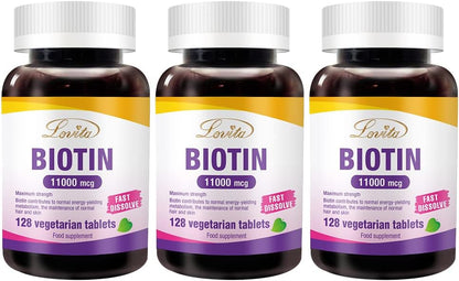 LOVITA Maximum Strength 11,000mcg Biotin: Fast-Dissolving, Vegetarian Tablets - Easily Absorbed, Gluten & Dairy-Free, 128 Vegan-Friendly Tablets (Pack of 3)