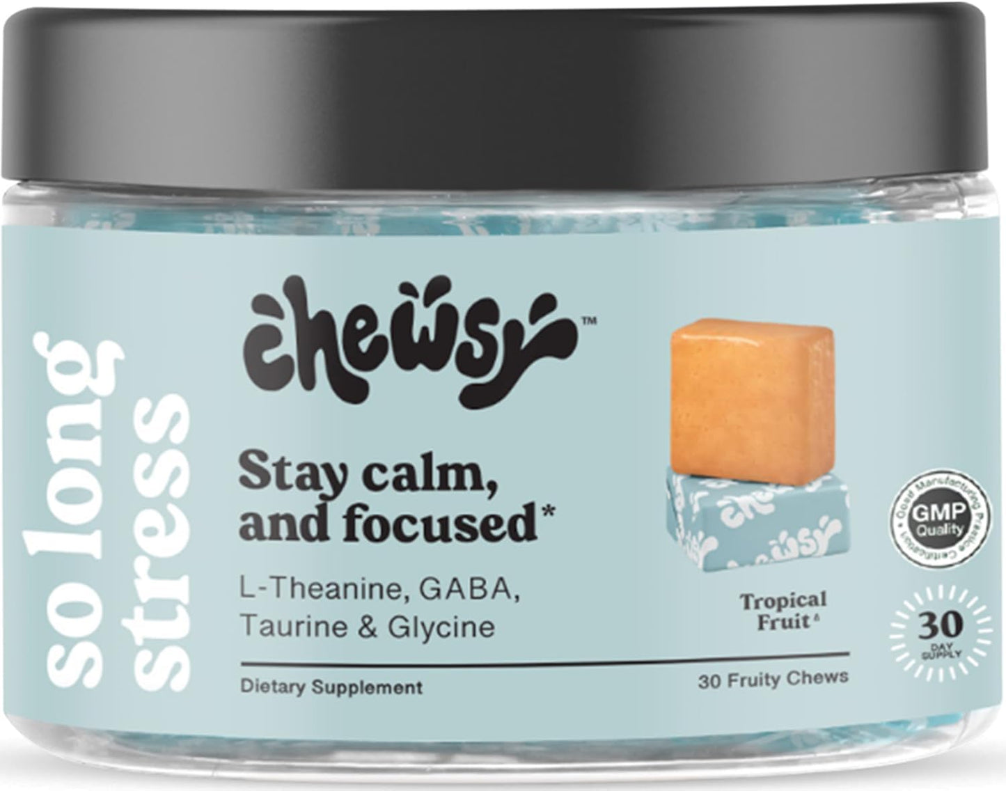 Chewsy So Long Stress - Calm Fruity Chews with L-Theanine, GABA, Glycine, Tyrosine, Taurine & Magnesium - Non-GM and Gluten-Free - Tropical Fruit Chews, 30-Day Supply - görsel 1
