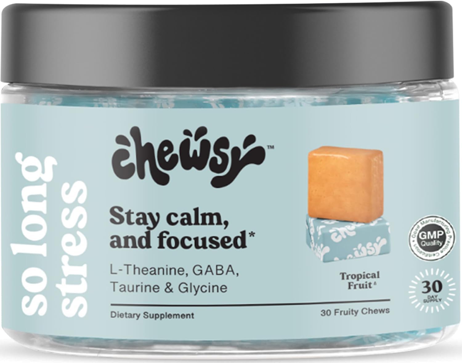 Chewsy So Long Stress - Calm Fruity Chews with L-Theanine, GABA, Glycine, Tyrosine, Taurine & Magnesium - Non-GM and Gluten-Free - Tropical Fruit Chews, 30-Day Supply - görsel 1
