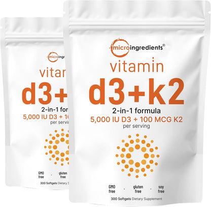Micro Ingredients Vitamin D3 5,000 IU + K2 MK-7 100 mcg, 180 Soft gel capsules