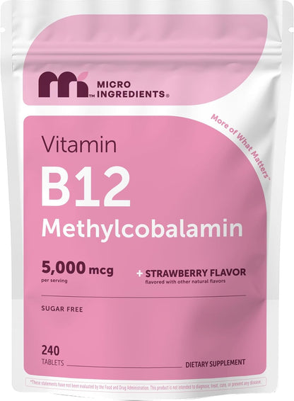 Micro Ingredients Vitamin B12 5,000 mcg | Methylcobalamin – 240 Chewable Tablets | Fast Dissolve, Natural Strawberry Flavour | Vegan, Non-GMO, Gluten-free