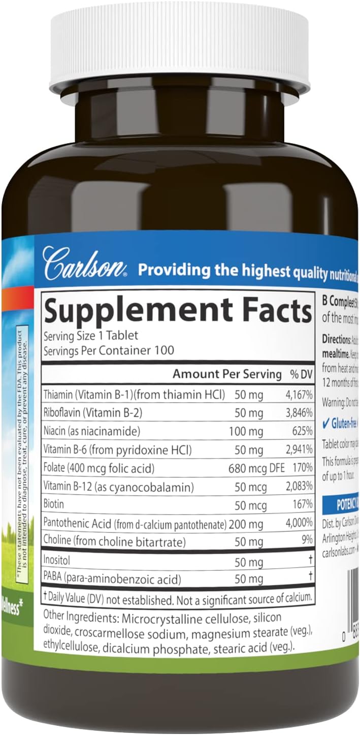 Carlson B-Compleet 50, Balanced Vitamin B Complex, Energy Support, Cellular Wellness, 100 Tablets - görsel 2