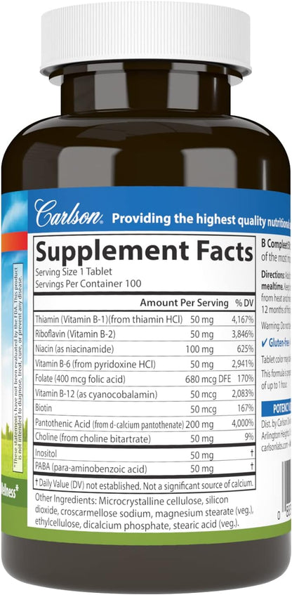 Carlson B-Compleet 50, Balanced Vitamin B Complex, Energy Support, Cellular Wellness, 100 Tablets