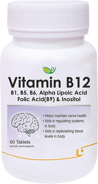 Verem Nutraceuticals Vitamin B12 with B1, B5, B6, B9 (Folic Acid), Alpha Lipoic Acid ALA & Inositol – Energy Support & Antioxidant Supplement – 60 Tablets