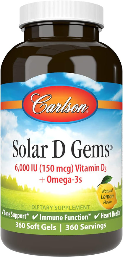 Carlson Solar D Gems, Vitamin D3 & Omega-3 Supplement, 6000 IU (150 mcg) Vitamin D3, 115 mg Omega-3s EPA and DHA, Lemon Flavour, 360 Softgels