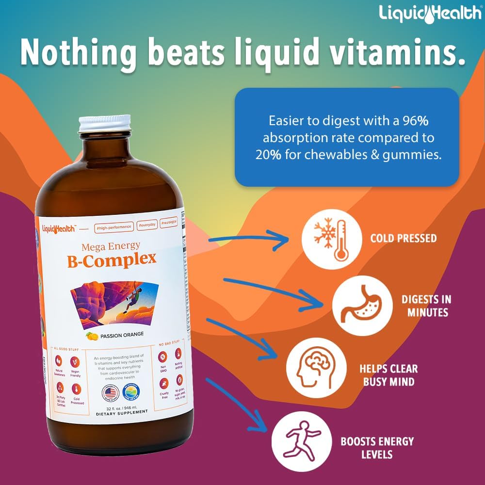 LIQUIDHEALTH Mega Energy Methylated B-Complex, Adult Liquid Vitamin Supplement - Boosts Energy, Relieves Stress and Fatigue, Immune Support, Heart and Gut Health - Made in USA, Vegan, Sugar-Free (3 Pack) - görsel 2