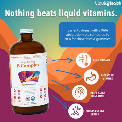 LIQUIDHEALTH Mega Energy Methylated B-Complex, Adult Liquid Vitamin Supplement - Boosts Energy, Relieves Stress and Fatigue, Immune Support, Heart and Gut Health - Made in USA, Vegan, Sugar-Free (3 Pack)