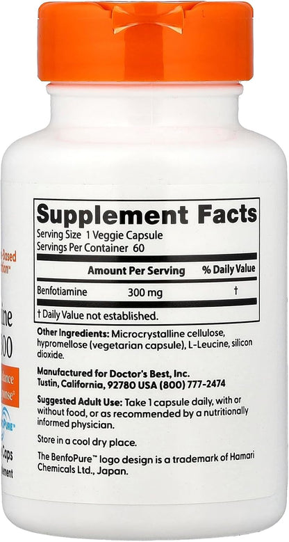 Doctor's Best Benfotiamine with BenfoPure, 300 mg, 60 Veg Caps