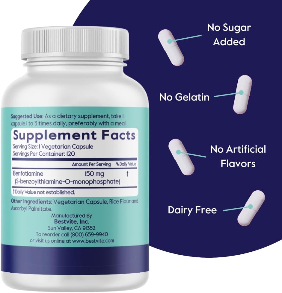 BESTVITE Benfotiamine 150mg - 360 Vegetarian Capsules - görsel 3