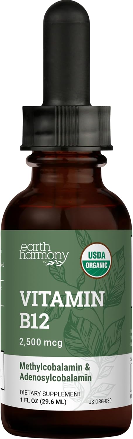 Earth Harmony Naturals Organic Vegan Vitamin B12 Sublingual Liquid Supplement – 2500mcg Methylcobalamin Drops - görsel 1