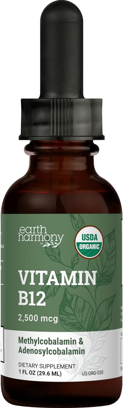 Earth Harmony Naturals USDA Organic Vitamin B12 2000mcg Sublingual Liquid Drops (2-Pack) - Vegan Methylcobalamin for Energy Metabolism Support - 30ml Each