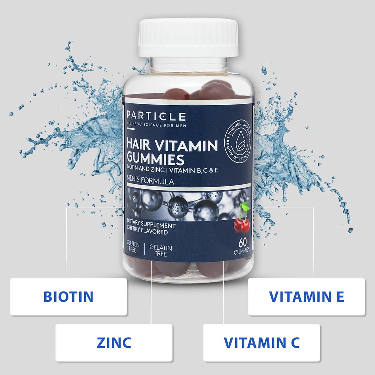 Particle Men's Hair Gummies - Vegan & Gluten-free Hair Supplement with Biotin, Zinc, Vitamin C & B12, Cherry Flavour (60 Gummies) - görsel 2