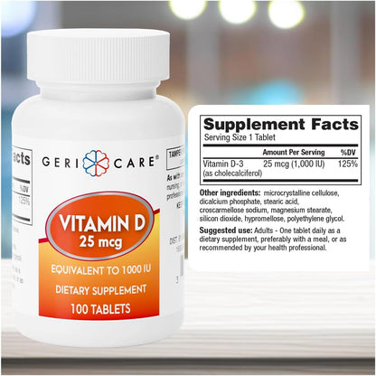 GeriCare Vitamin D 25mcg Tablets, Contributes to Normal Bone Health & Immune Function, Food Supplement, 100 Tablets