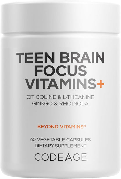 Codeage Teen Brain Focus Vitamins+ - Liposomal Brain Supplement for Teens (60 Capsules)