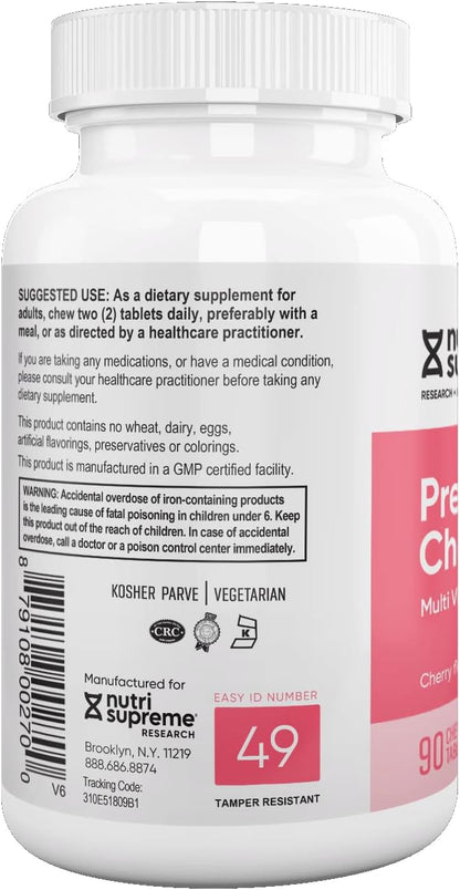 Nutri Supreme Prenatal Vitamin, Chewable Prenatal Vitamins for Women with 800 mcg of Folate, Complete Pregnancy Multivitamin with Iron, Kosher, Cherry Flavour, 90 Count