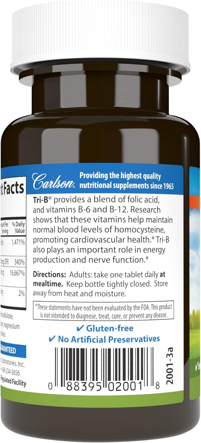 Carlson Tri-B Vitamin B Complex – 25 mg B6, 400 mcg B12, Folic Acid – 120 Tablets - görsel 3