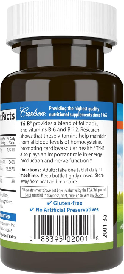 Carlson Tri-B Vitamin B Complex – 25 mg B6, 400 mcg B12, Folic Acid – 120 Tablets