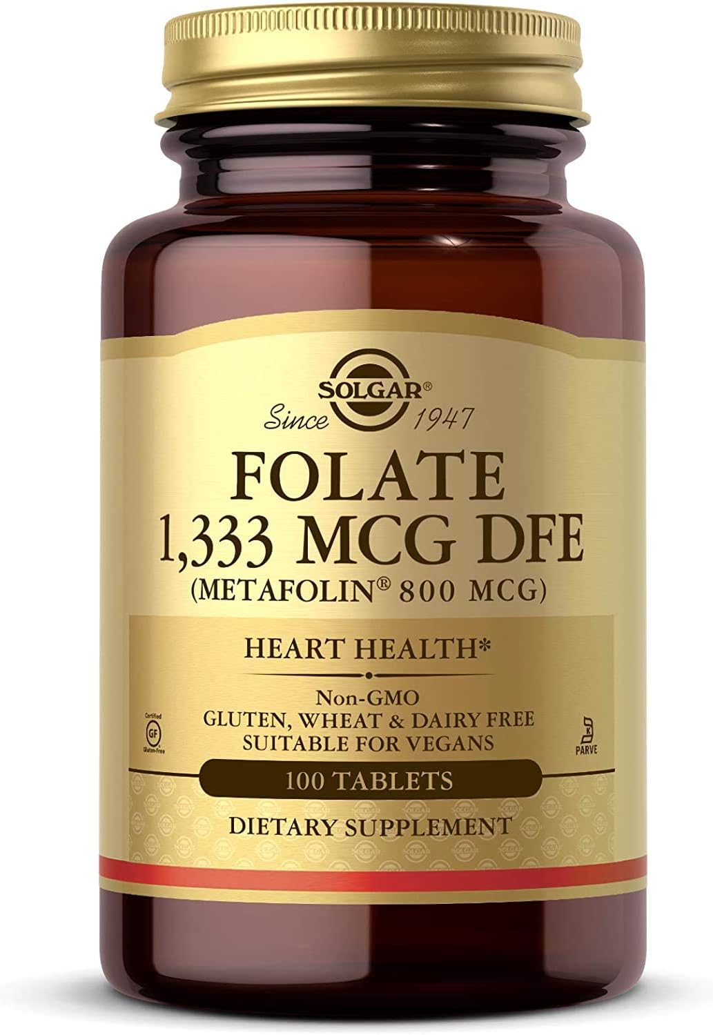 Solgar Folate 1,333 mcg DFE, 100 Tablets - 800 mcg Bio-Active Metafolin - Heart Health - Non-GMO, Vegan, Gluten Free, Dairy Free, Kosher - 100 Servings - görsel 1