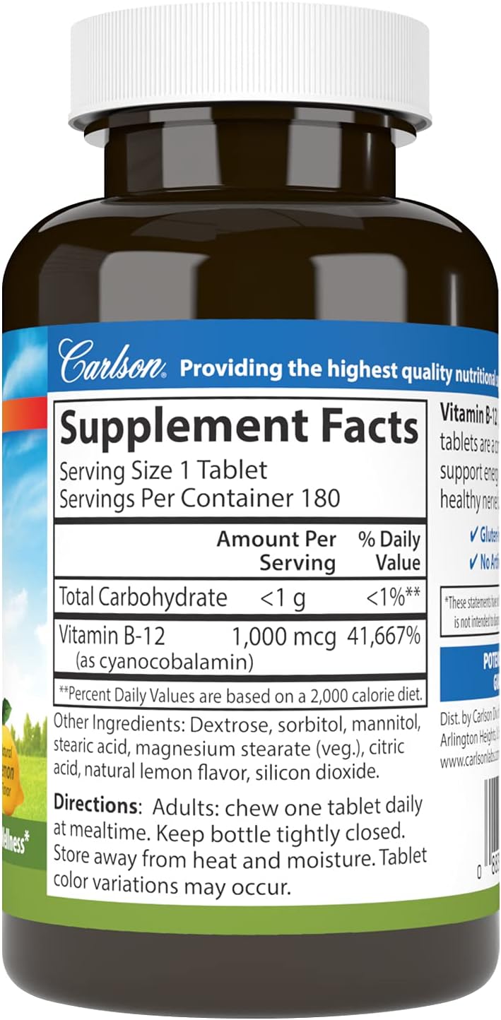 Carlson Chewable B12, 1000 mcg, Energy Metabolism, Nerve Function & Overall Wellbeing, Lemon Flavour, 180 Tablets - görsel 2