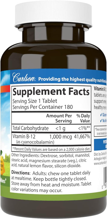 Carlson Chewable B12, 1000 mcg, Energy Metabolism, Nerve Function & Overall Wellbeing, Lemon Flavour, 180 Tablets