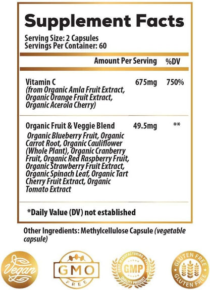 Whole Food Vitamin C Supplement 675mg – Plant Based Vitamin C Complex from Organic Oranges, Acerola Cherry & Natural Fruit Cofactors – Immune & Antioxidant Support – Vegan – 120 Capsules