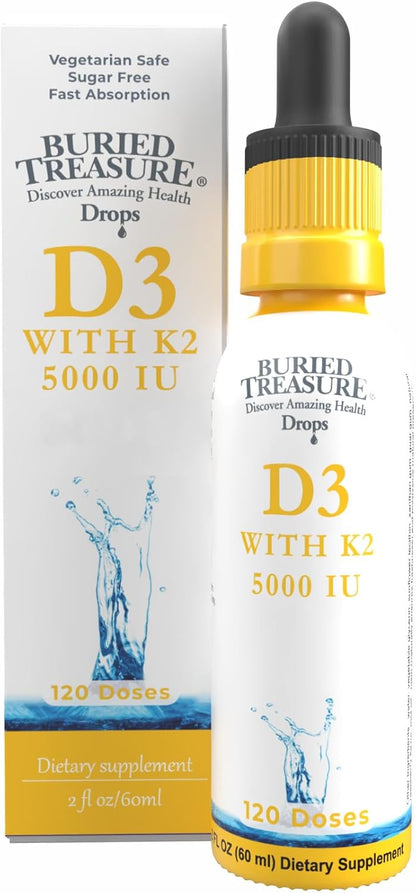 Buried Treasure Vitamin D3 & K2 Drops, 5000 IU D3 with 100 mcg K2, Sugar Free, 60 ml