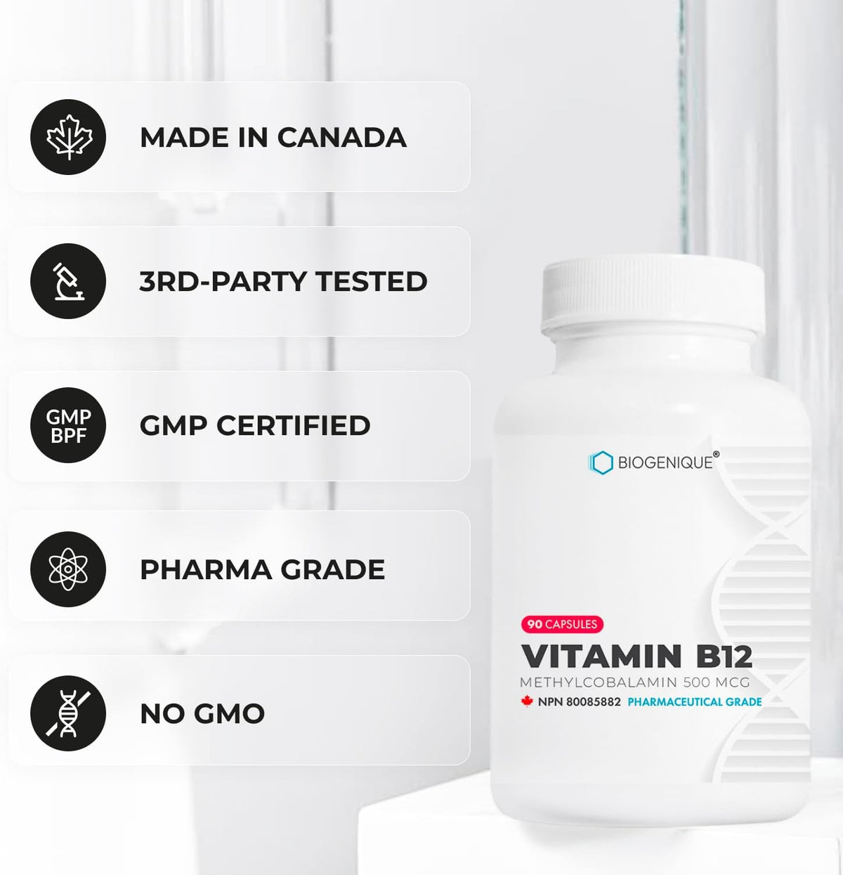 Biogenique Vitamin B12 - Methylcobalamin 500mcg for Energy Metabolism & Nervous System Support - Non-GMO, Gluten-Free, 90 Capsules - görsel 3