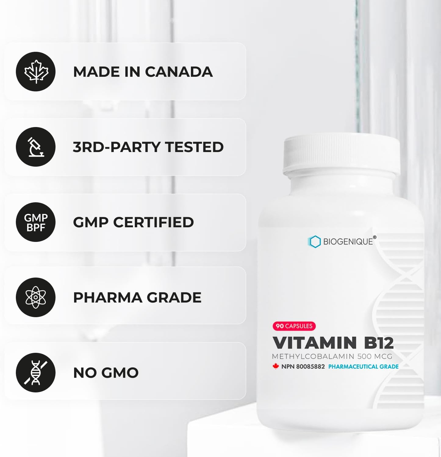 Biogenique Vitamin B12 - Methylcobalamin 500mcg for Energy Metabolism & Nervous System Support - Non-GMO, Gluten-Free, 90 Capsules - görsel 3