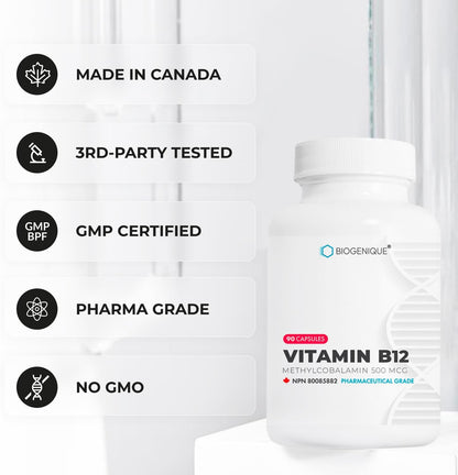Biogenique Vitamin B12 - Methylcobalamin 500mcg for Energy Metabolism & Nervous System Support - Non-GMO, Gluten-Free, 90 Capsules