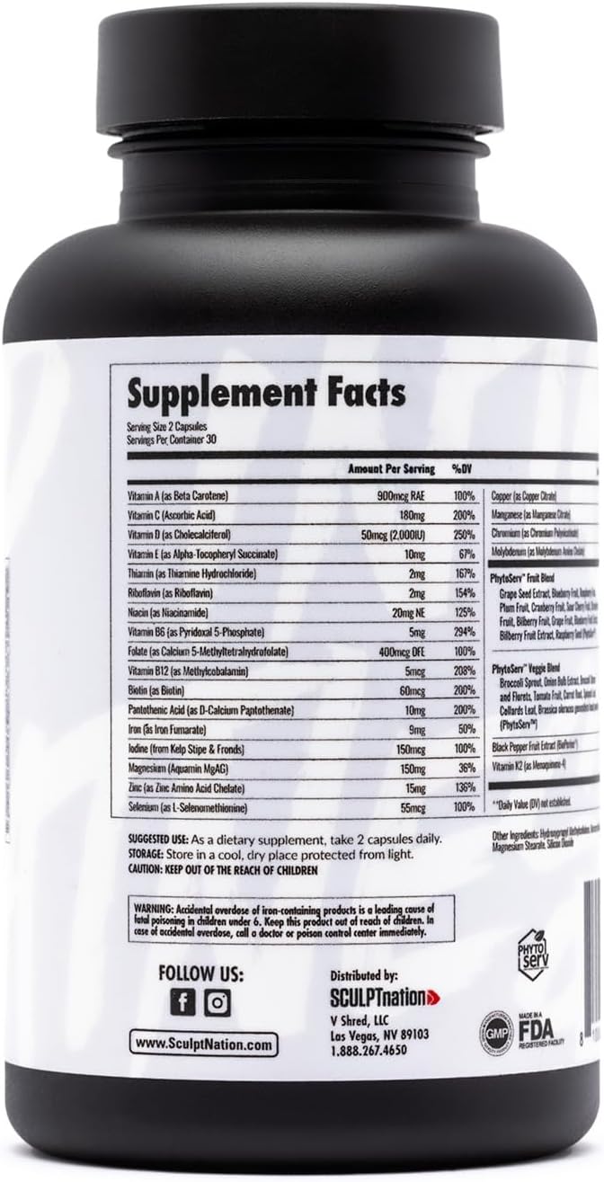Sculpt Nation by V Shred Multivitamin - Daily Multivitamin for Women and Men with Zinc, Vitamin C, and Copper, Nutritional Support with One Serving of Fruit and Vegetables - 60 Capsules - görsel 4