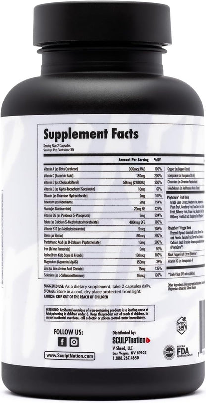 Sculpt Nation by V Shred Multivitamin - Daily Multivitamin for Women and Men with Zinc, Vitamin C, and Copper, Nutritional Support with One Serving of Fruit and Vegetables - 60 Capsules